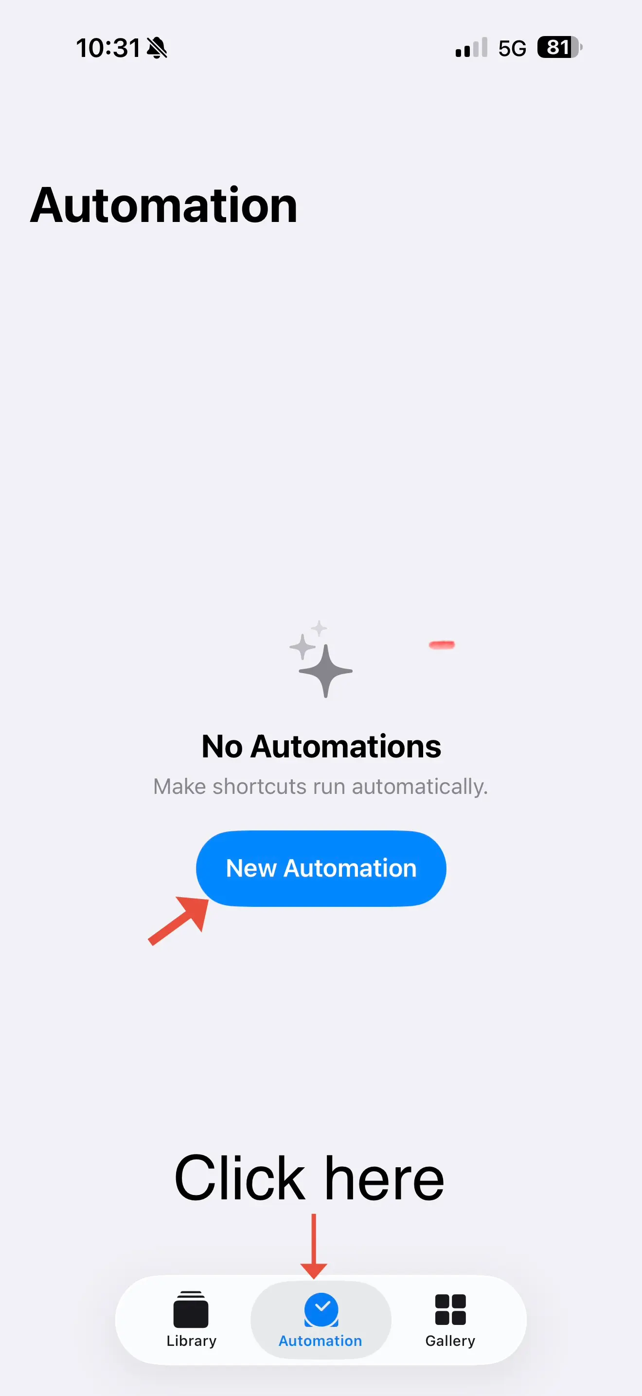 Shortcuts Automation tab with the option to create a new automation