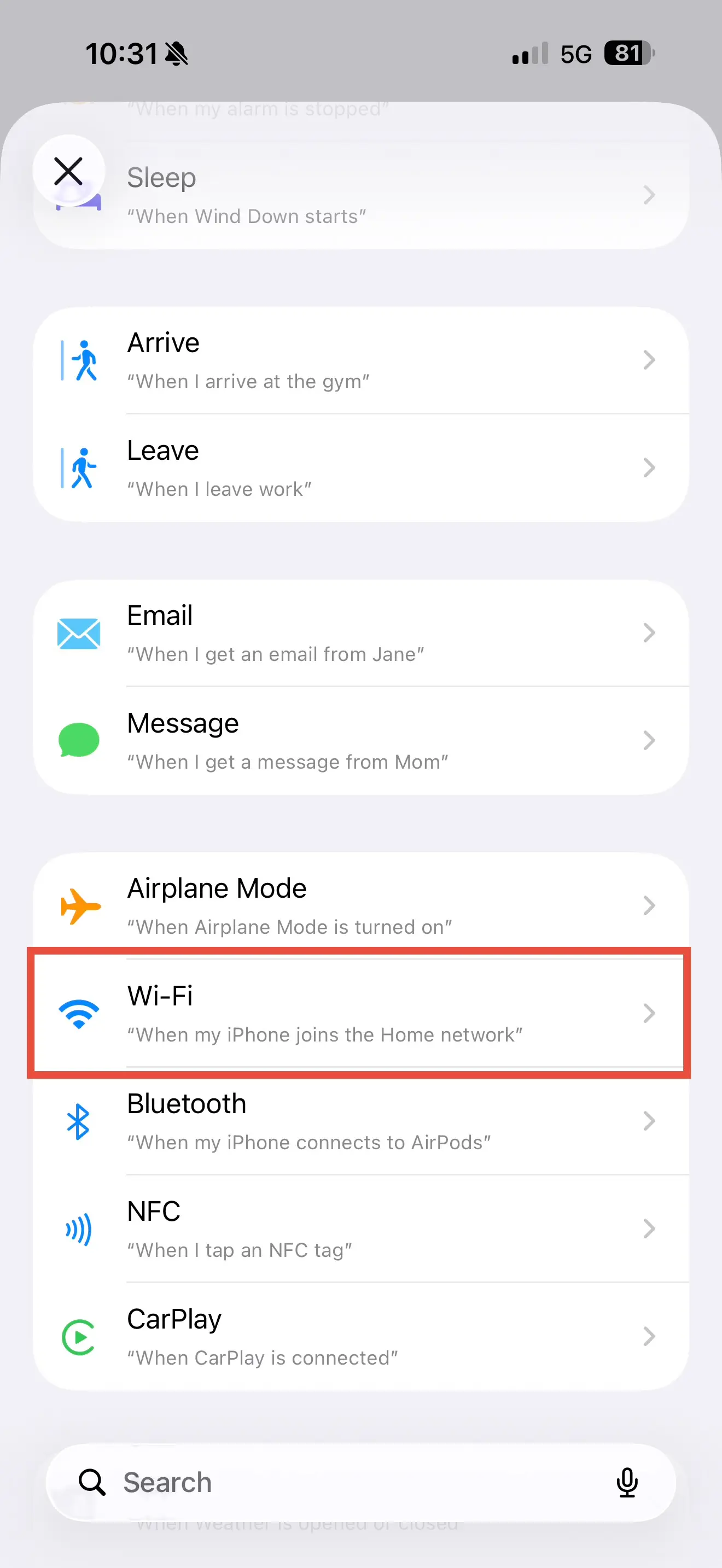 Personal automation trigger picker with Wi-Fi among the available options