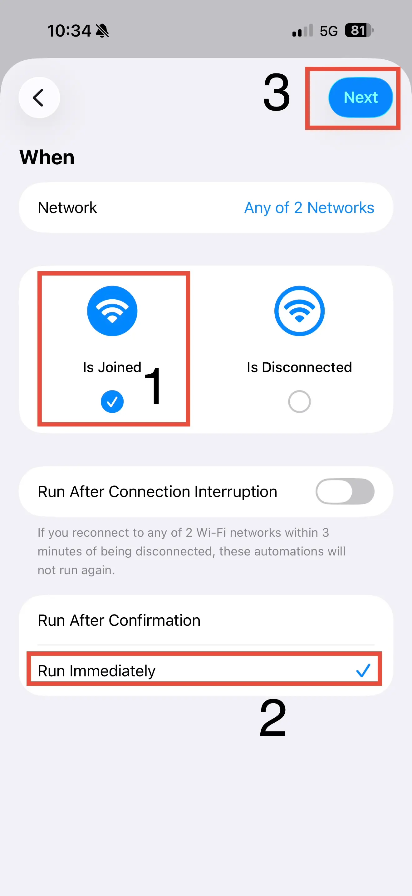 Example Wi-Fi automation configured for Is Joined and Run Immediately
