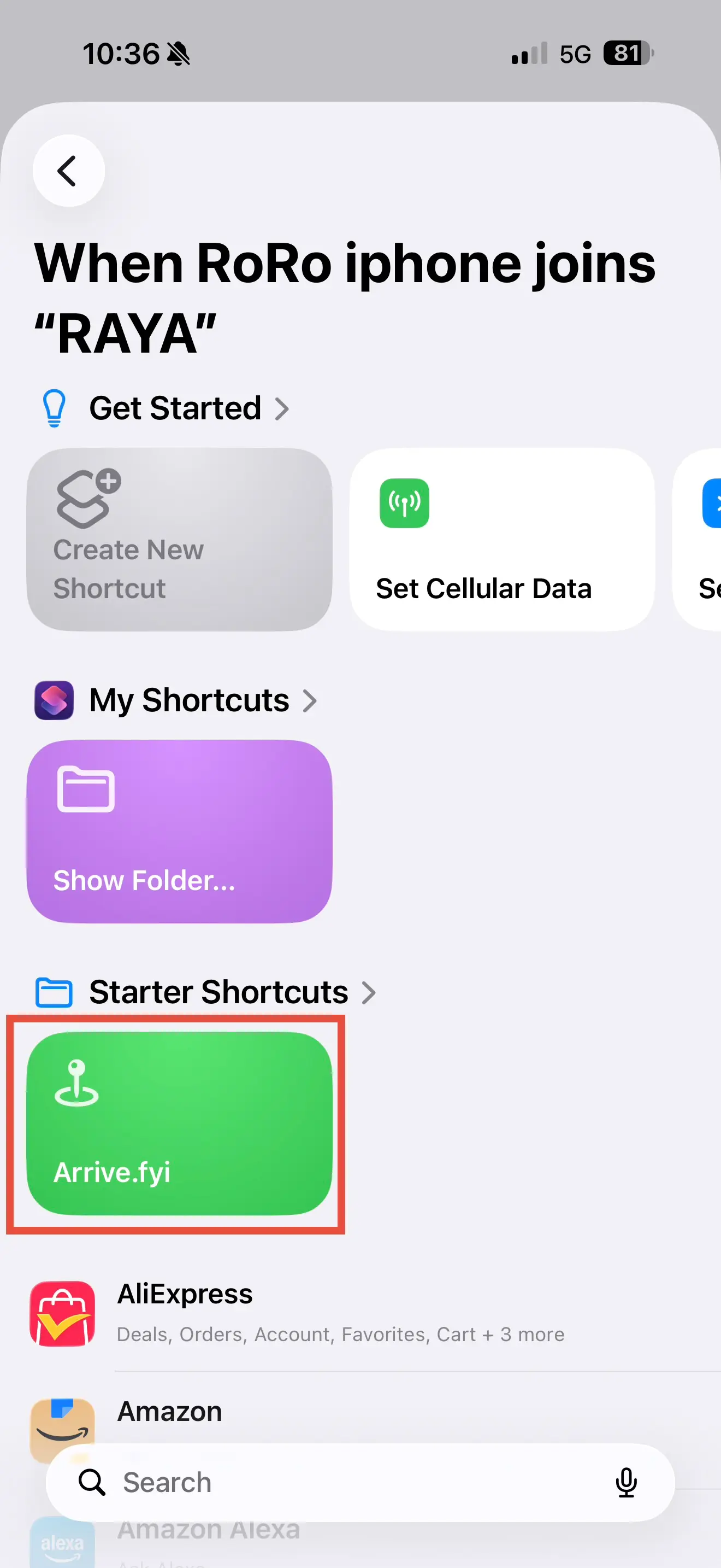 Shortcut picker where the Arrive Check-in shortcut can be selected